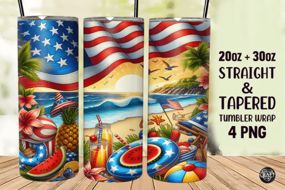 4th of July Beach Tumbler Wrap 20oz PNG